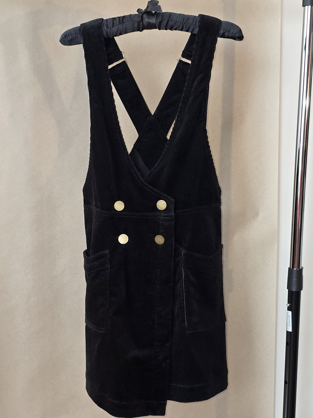 Free People Black Corduroy Pinafore Dress with Gold Buttons